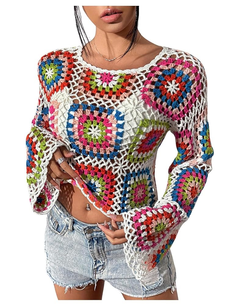 MakeMeChic Women's Hollow Out Color Block Bell Sleeve Round Neck Sweater Knitted Crop Tops | Amazon (US)