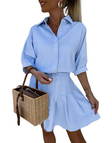 chouyatou Women's 2 Piece Outfits Striped Lapel Button Down Shirt Pleated Mini Skirt Matching Set Travel Outfit (Large, Blue) | Amazon (US)