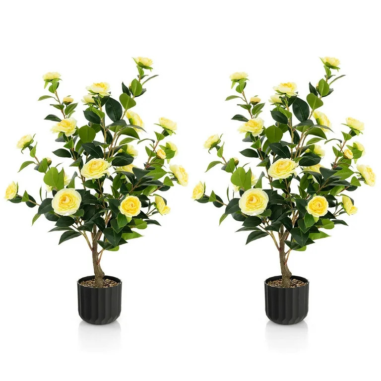 Gymax 2-Pack 38'' Artificial Camellia Tree Faux Floral Plant for Decoration Yellow | Walmart (US)