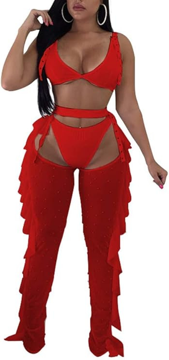 Women Beading Pearl See Through Sheer Mesh 2 Pieces Outfits Jumpsuits Crop Top and Hollow Out Ruf... | Amazon (US)