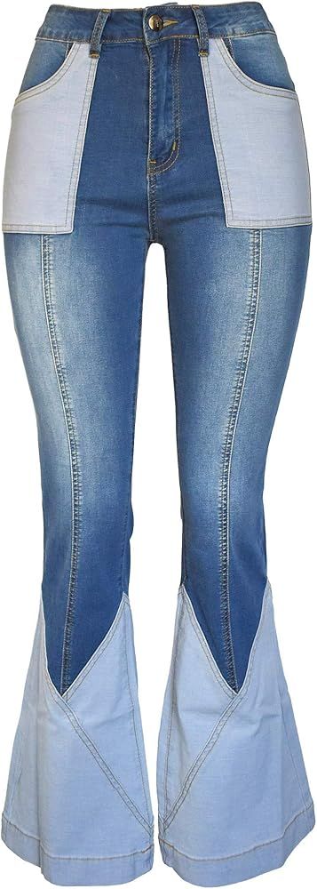Aodrusa Women Patch Flare Jeans Bell Bottom Raw Hem Denim Pants | Amazon (US)