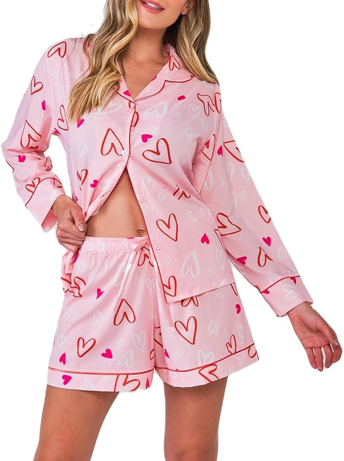 Womens Valentin's Day Pajamas Shorts Set Two-piece Pj Sets Heart Print Sleepwear Loungewear Butto... | Amazon (US)