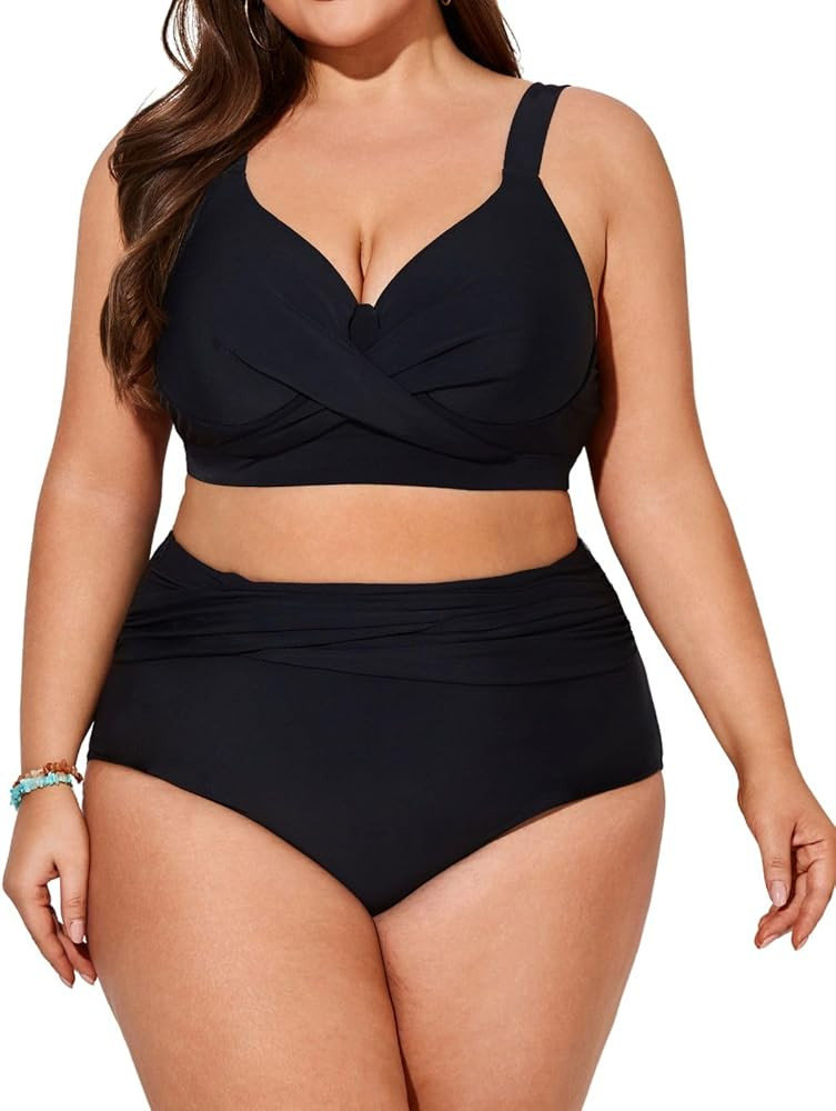 Hanna Nikole Womens Plus Size Bikini Set Two Piece High Waisted Swimsuits Tummy Control Bathing S... | Amazon (US)
