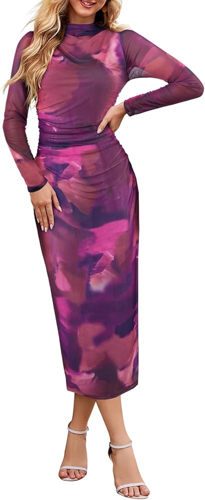 MEROKEETY Women's 2024 Long Sleeve Tie Dye Dress Bodycon Mock Neck Mesh Ruched Cocktail Maxi Dres... | Amazon (US)