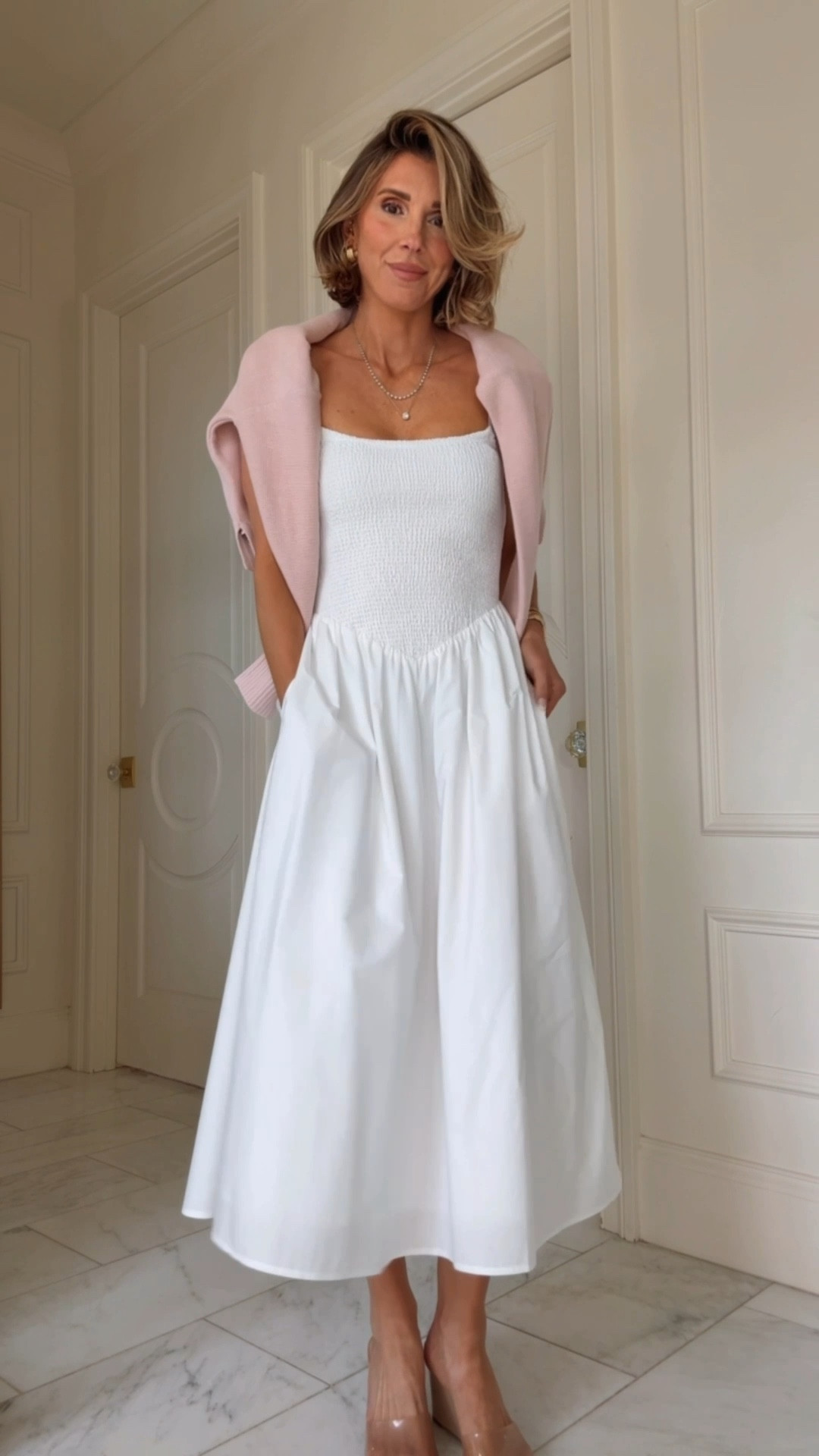 Love this white dress for spring from @onequince - so flattering and classy. Under $75. Fits tts 