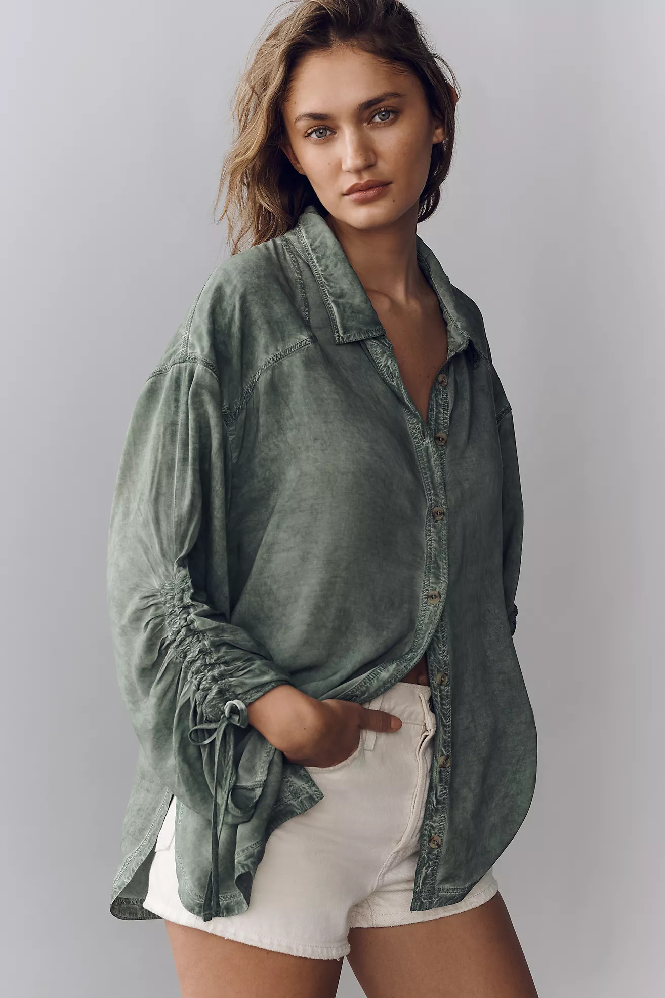 Pilcro Cinched-Sleeve Buttondown Top | Anthropologie (US)