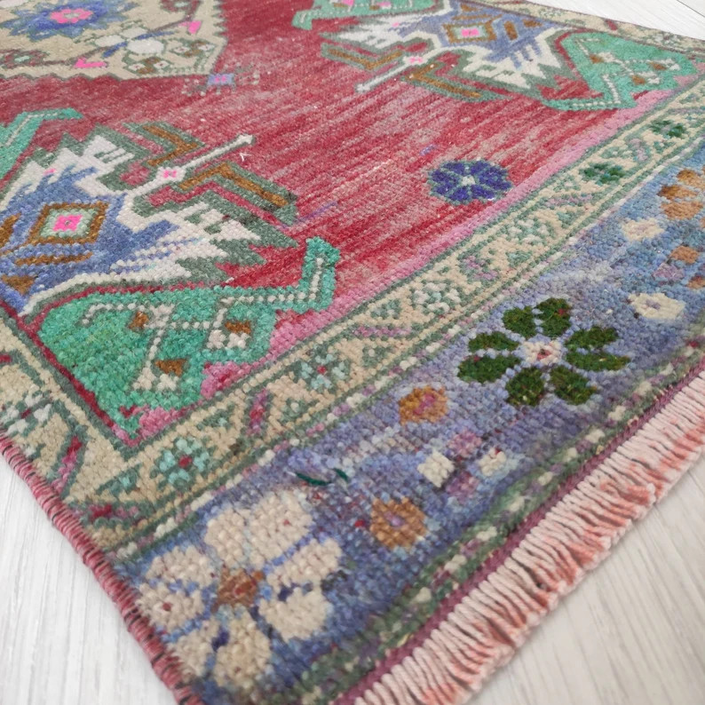 Vintage Turkish Wool Rug: Red, Green Boho Door Mat (1.57'' X 3.28'') - Etsy | Etsy (US)