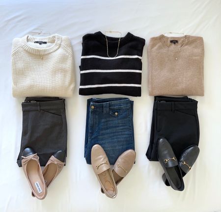 Smart-Casual mix and match ✔️ Sweaters, pants, trouser jeans, flats and loafers will make several outfits. 🍂 Just added the @onequince Cashmere Fisherman Sweater in “ivory” and the $50 Mongolian Cashmere Sweater in “oatmeal” and will be wearing these now and throughout the winter. 🙌 Which outfit is your favorite?

Black stripe sweater, charcoal pants, trouser wide leg jeans, black pants, black cap toe flats, taupe loafers, black loafers