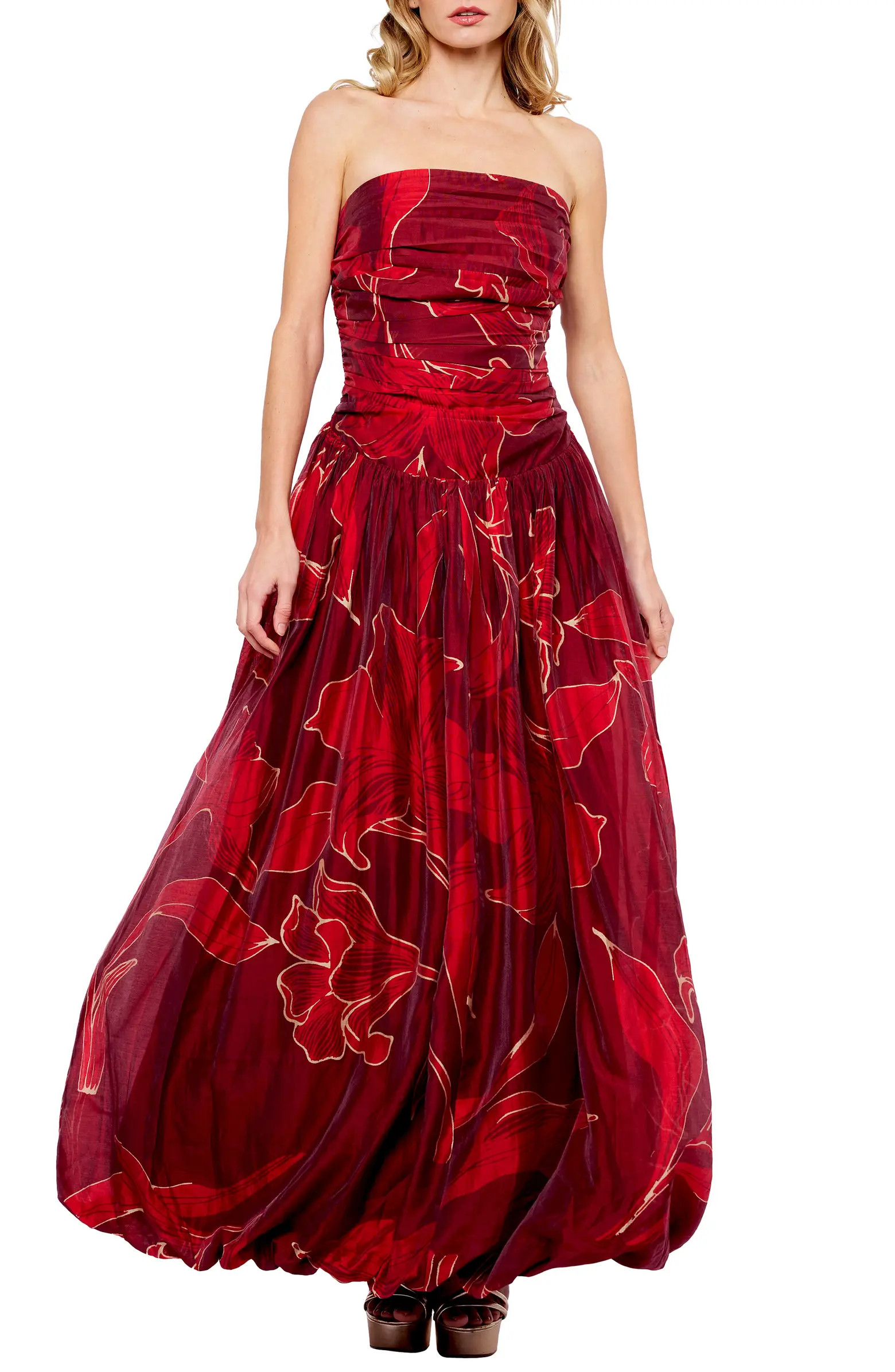 Reema Floral Strapless Bubble Hem Gown | Nordstrom