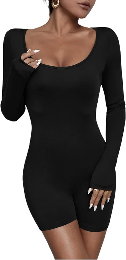 OYOANGLE Women's Solid Scoop Neck Long Sleeve Short Pant Jumpsuits Unitard Romper | Amazon (US)