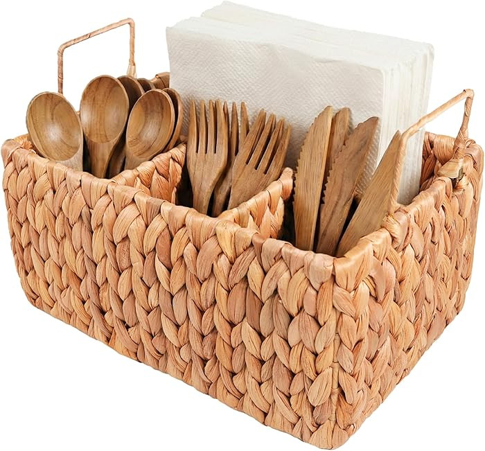 Wicker Utensil Holder with Handle – Handwoven Water Hyacinth Flatware Caddy with 4 Compartments... | Amazon (US)