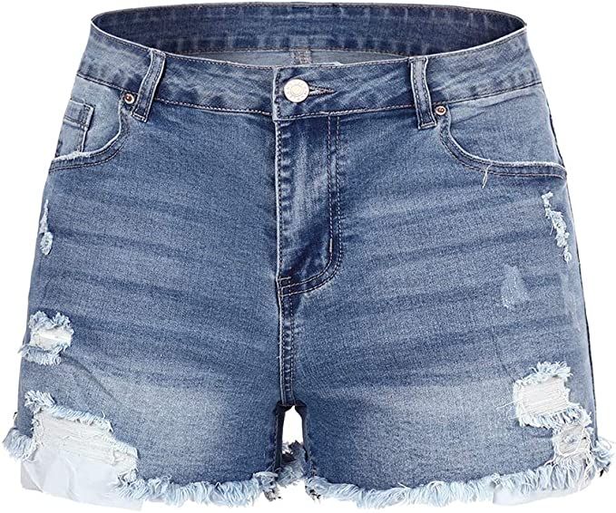 THUNDER STAR Women Mid Rise Ripped Stretchy Jeans Shorts Frayed Raw Hem Casual Denim Shorts | Amazon (US)