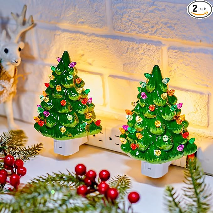Brightown Ceramic Christmas Tree Night Light - 2 Pack 6" Christmas Decorative Ceramic Tree with O... | Amazon (US)