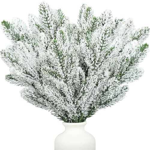 20 Pcs Christmas Snow Frosted Pine Branches 10.6 Inch Artificial Snowy Pine Needles Faux Greenery Stems Christmas Pine Tree Picks for Christmas Tree DIY Crafts Garland Wreath Home Holiday Decor | Amazon (US)