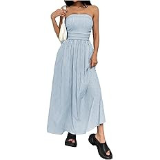 Milumia Women's Striped Strapless Maxi Dress Summer Casual Tube Top Long Dresses with Pocket | Amazon (US)