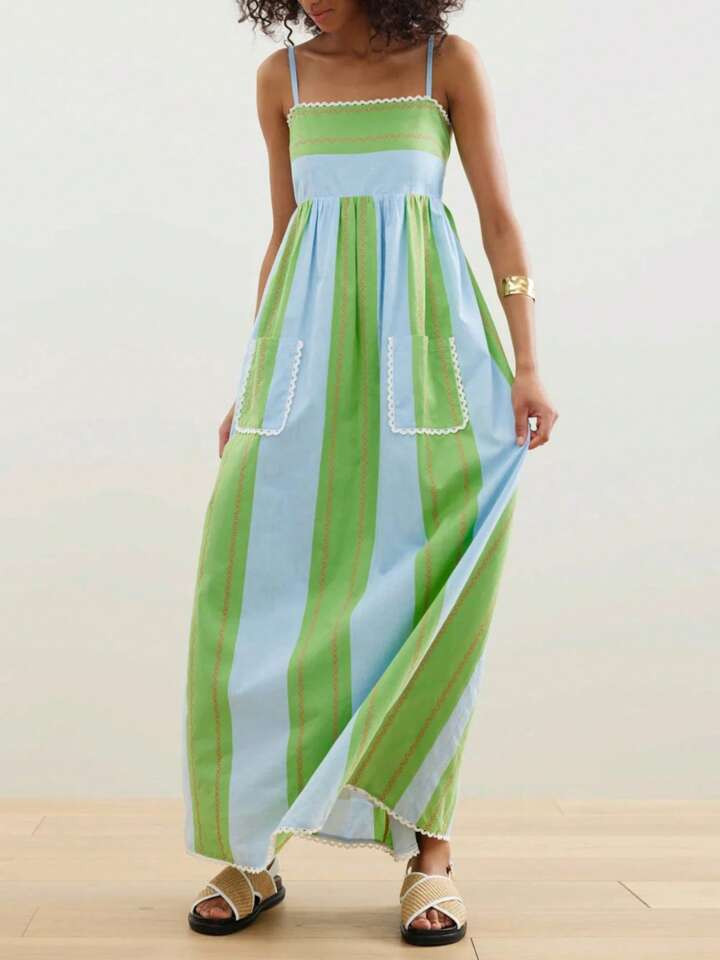 Womens Striped Long Dress Summer Sleeveless Spaghetti Strap Front Pocket Dress Flowy Beach Dress | SHEIN
