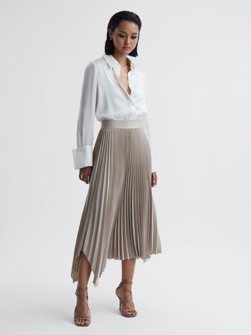 Reiss Champagne Jodie Pleated Asymmetric Midi Skirt | Reiss UK