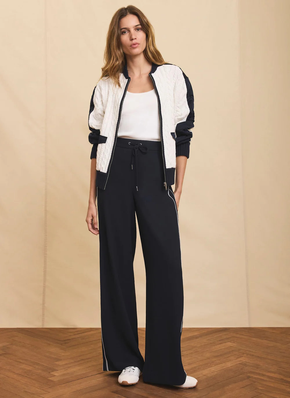Navy Scallop Side Stripe Wide Trousers | Mint Velvet