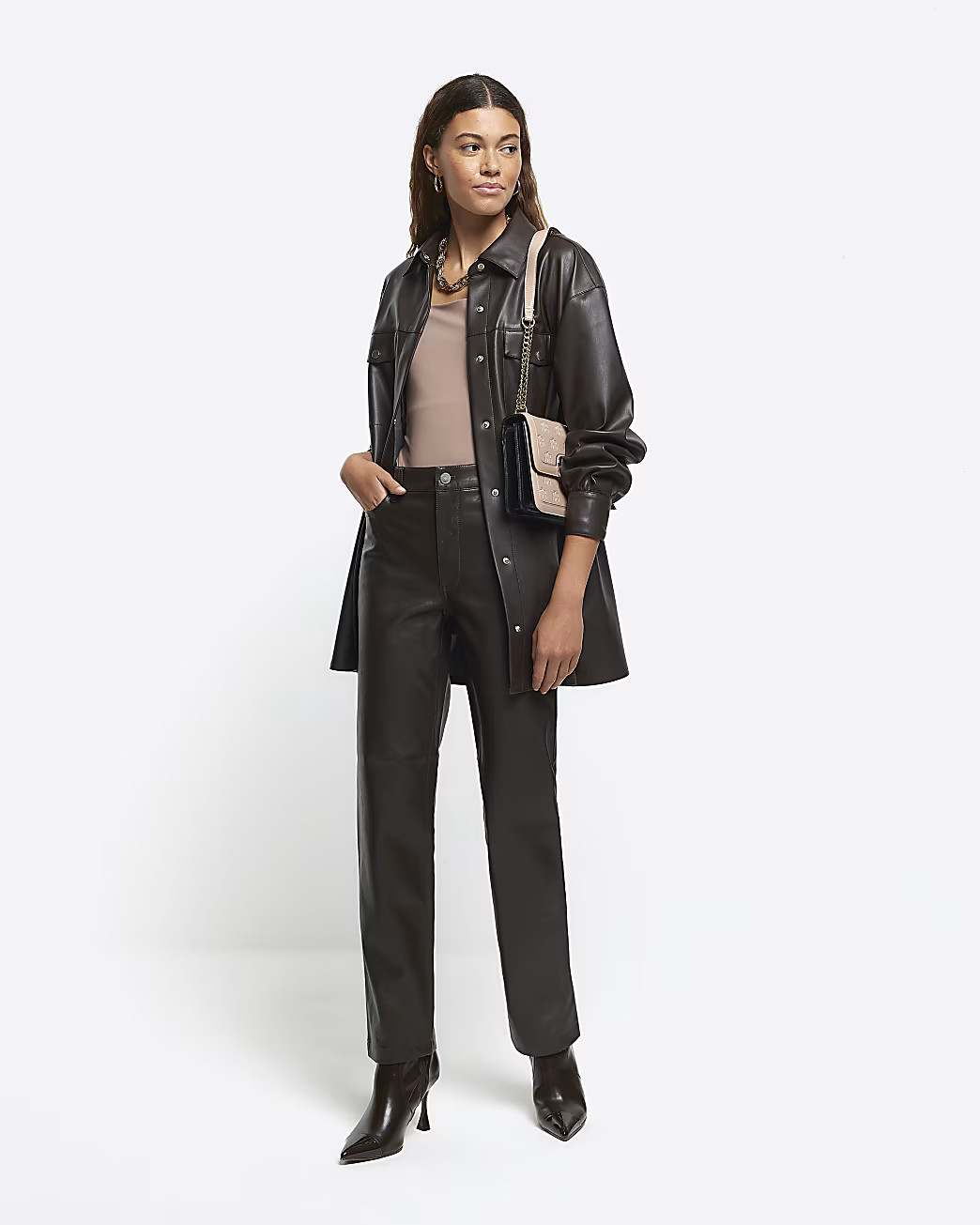 Brown faux leather straight trousers | River Island (UK & IE)