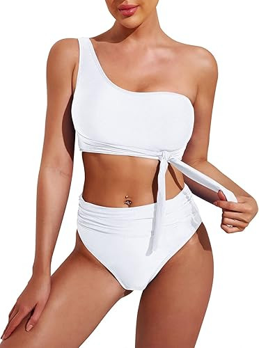Pink Queen Women's One Shoulder High Waisted Bikini Set Two Piece Tie Ruched Swimsuit | Amazon (US)