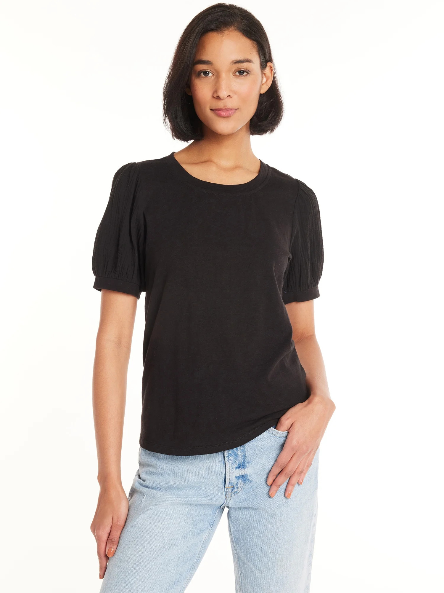 Time and Tru Women's Cotton Top with Puff Sleeves, Sizes XS-XXXL | Walmart (US)