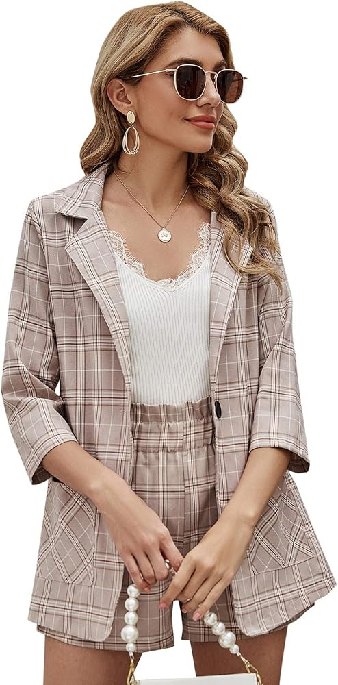 SheIn Women's 2 Pieces Plaid Thin 3/4 Sleeve Blazers and Self Tie Waist Shorts Set | Amazon (US)