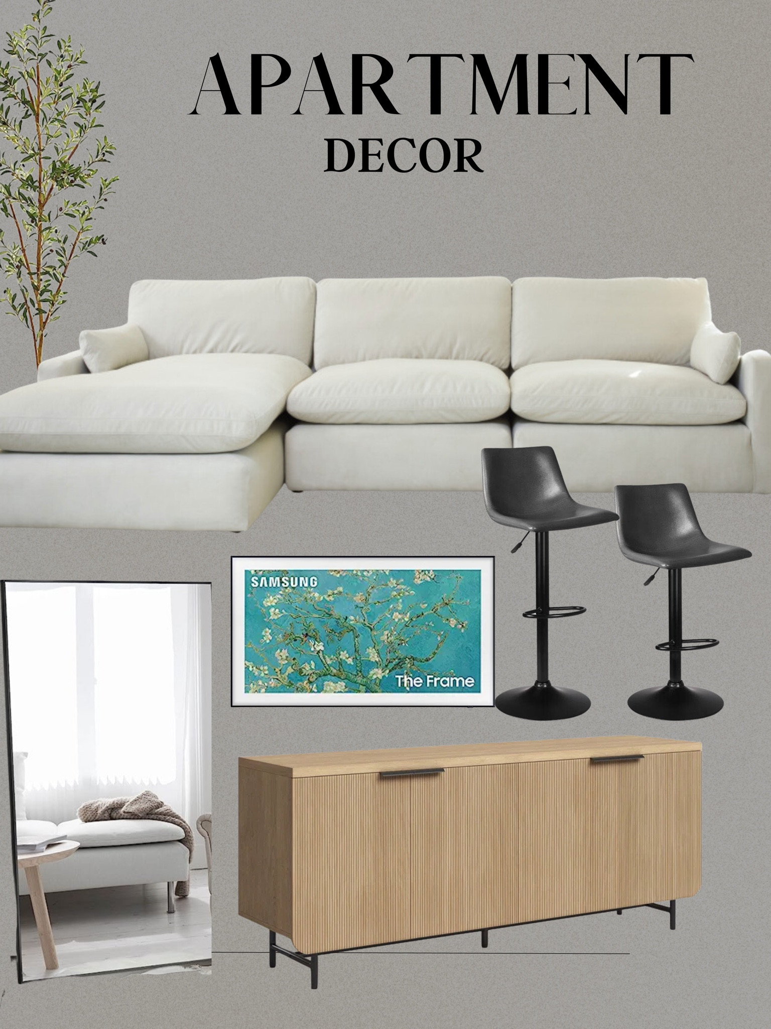 Apartment decor:

Large black mirror
Olive tree and ceramic pot
Lounge Deep Cream Sectional Sofa
Samsung Frame Television
Black and grey adjustable bar stools 

#LTKFind 

#LTKhome #LTKSeasonal