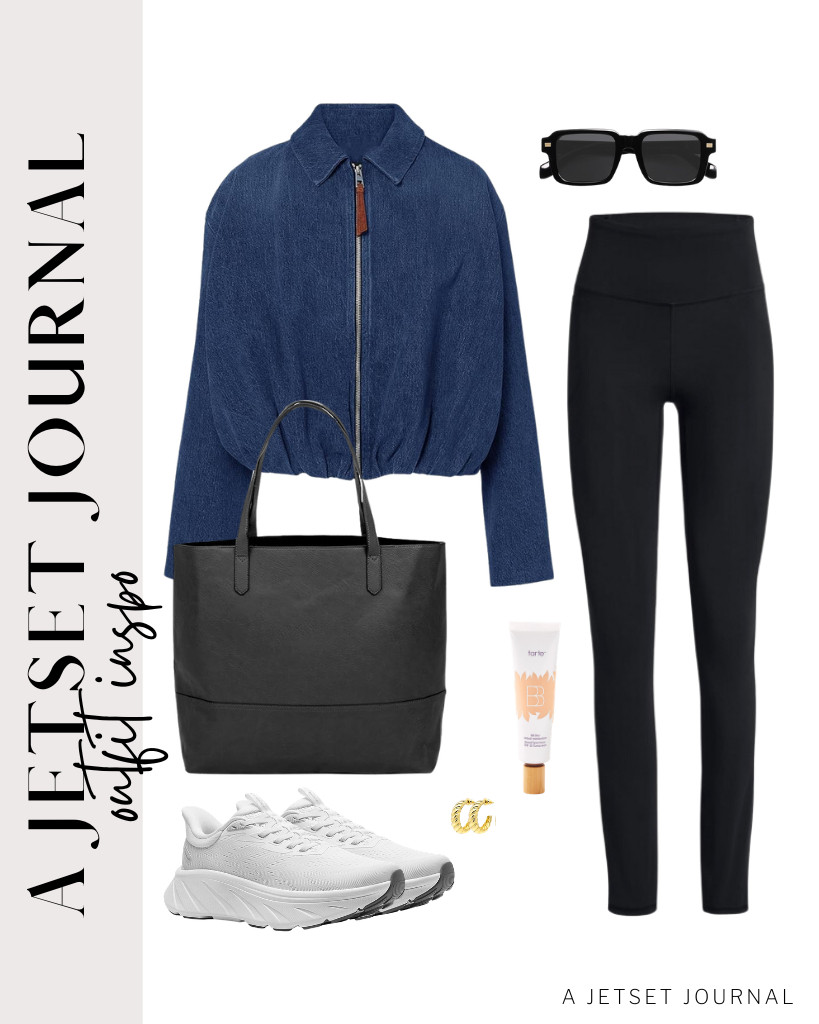 For the final outfit, wear a navy denim jacket paired with leggings. For a cozy look, wear cute walking shoes and add SOJOS square polarized sunglasses. Finish off the outfit with beautiful gold hoop earrings. 

 #LTKSeasonal #LTKSaleAlert #LTKTravel