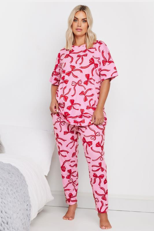 YOURS Plus Size Pink Bow Print Tapered Pyjama Set | Yours Clothing UK