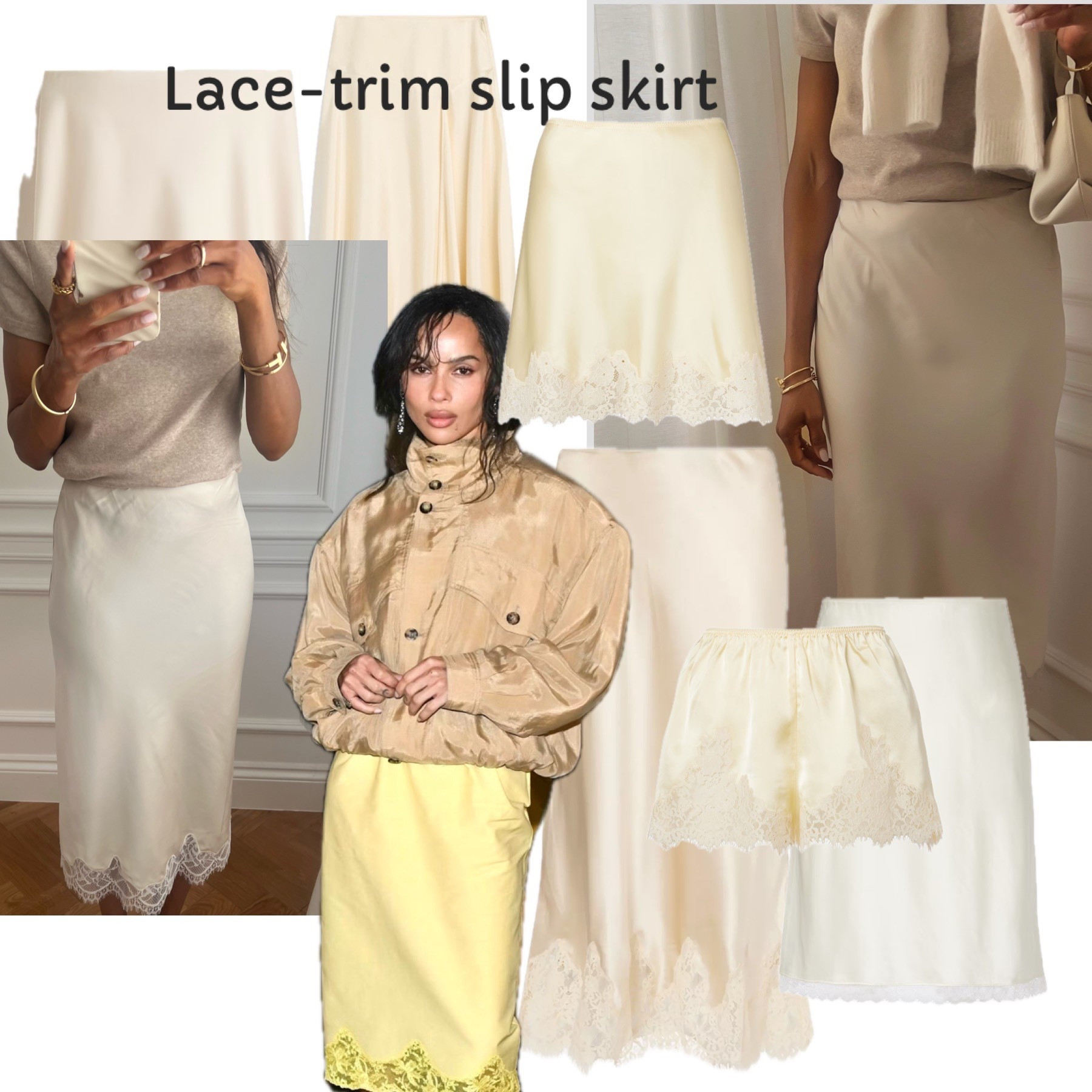 Details from my recent Substack post. Midi satin - lace trim skirt 