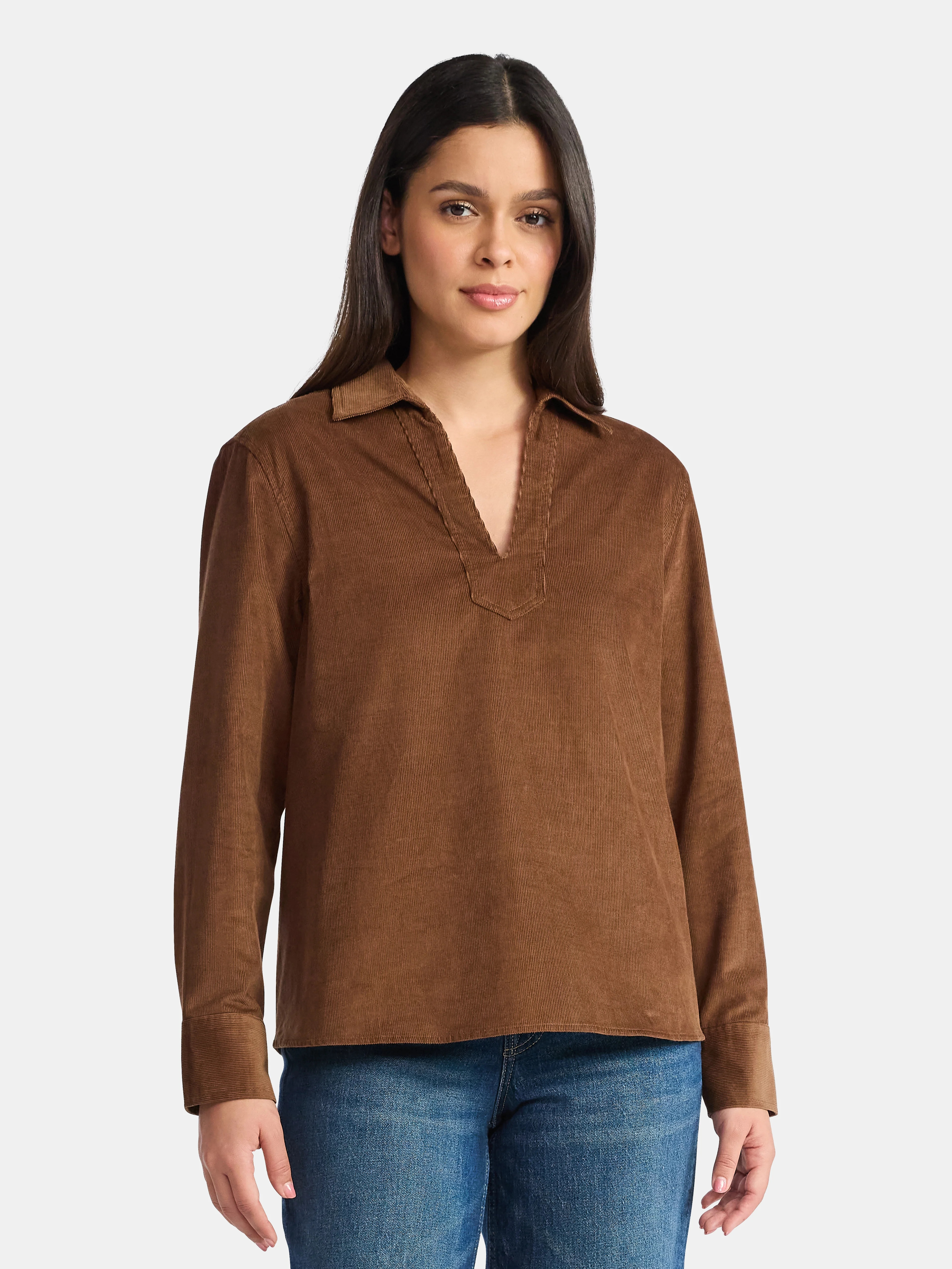 Time and Tru Women's Cord Popover Long Sleeve Shirt, Size-XS-XXXL - Walmart.com | Walmart (US)