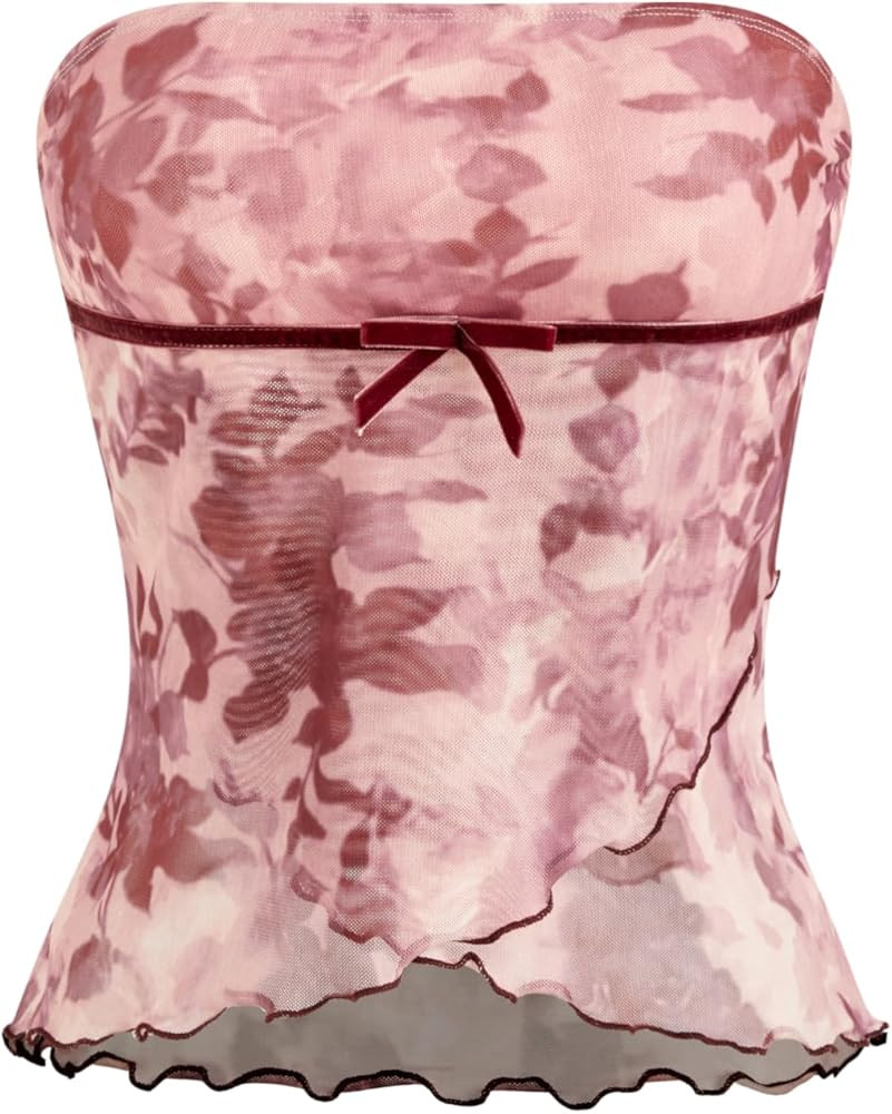 CIDER Mesh Floral Contrasting Binding Bowknot Tube Top | Amazon (US)