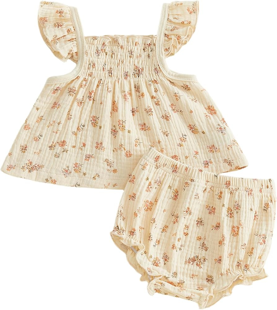 Mubineo Baby Girl Summer Clothes Cute Basic Plain Cotton Linen Ruffle Tops Dress Shorts Outfits S... | Amazon (US)