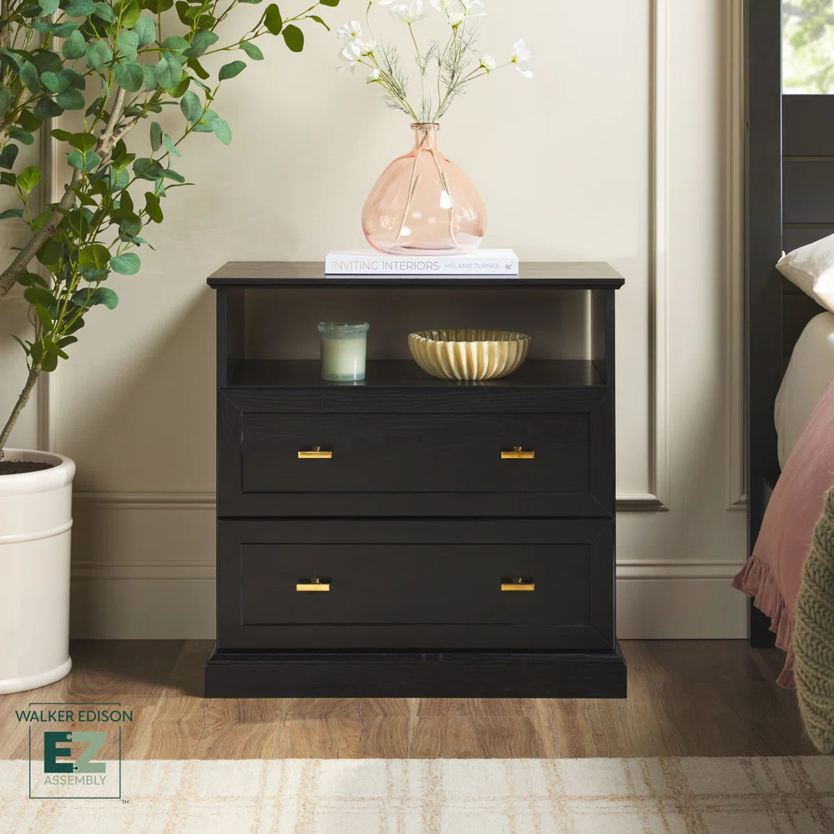 Modern Farmhouse EZ Assembly Drawers Nightstand With Open Shelf For Bedroom Storage | Wayfair North America