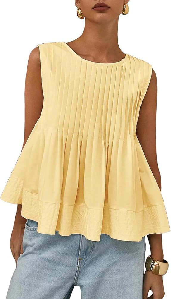WOWULOVELY Womens Summer Pleated Peplum Sleeveless Blouse Tank Tops Crew Neck Babydoll Blouse Y2K... | Amazon (US)