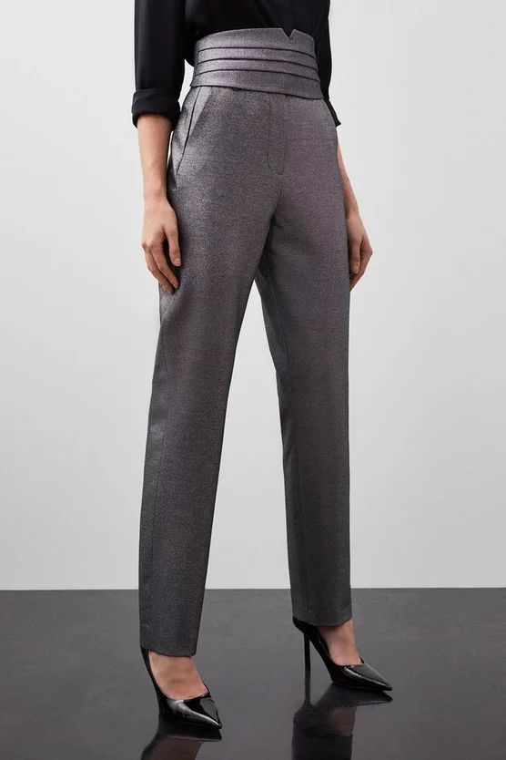 Tailored Compact Stretch Sparkle Satin Cummerbund Trousers | Karen Millen UK + IE + DE + NL