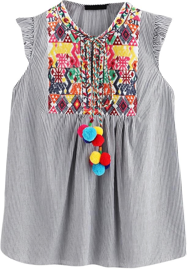 Floerns Women's Ruffle Striped Mexican Embroidered Babydoll Blouse Top | Amazon (US)