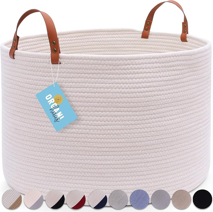 OrganiHaus XXL Extra Large Cotton Rope Basket with Real Leather Handles | Wide 20"x13.3" Woven Bl... | Amazon (US)