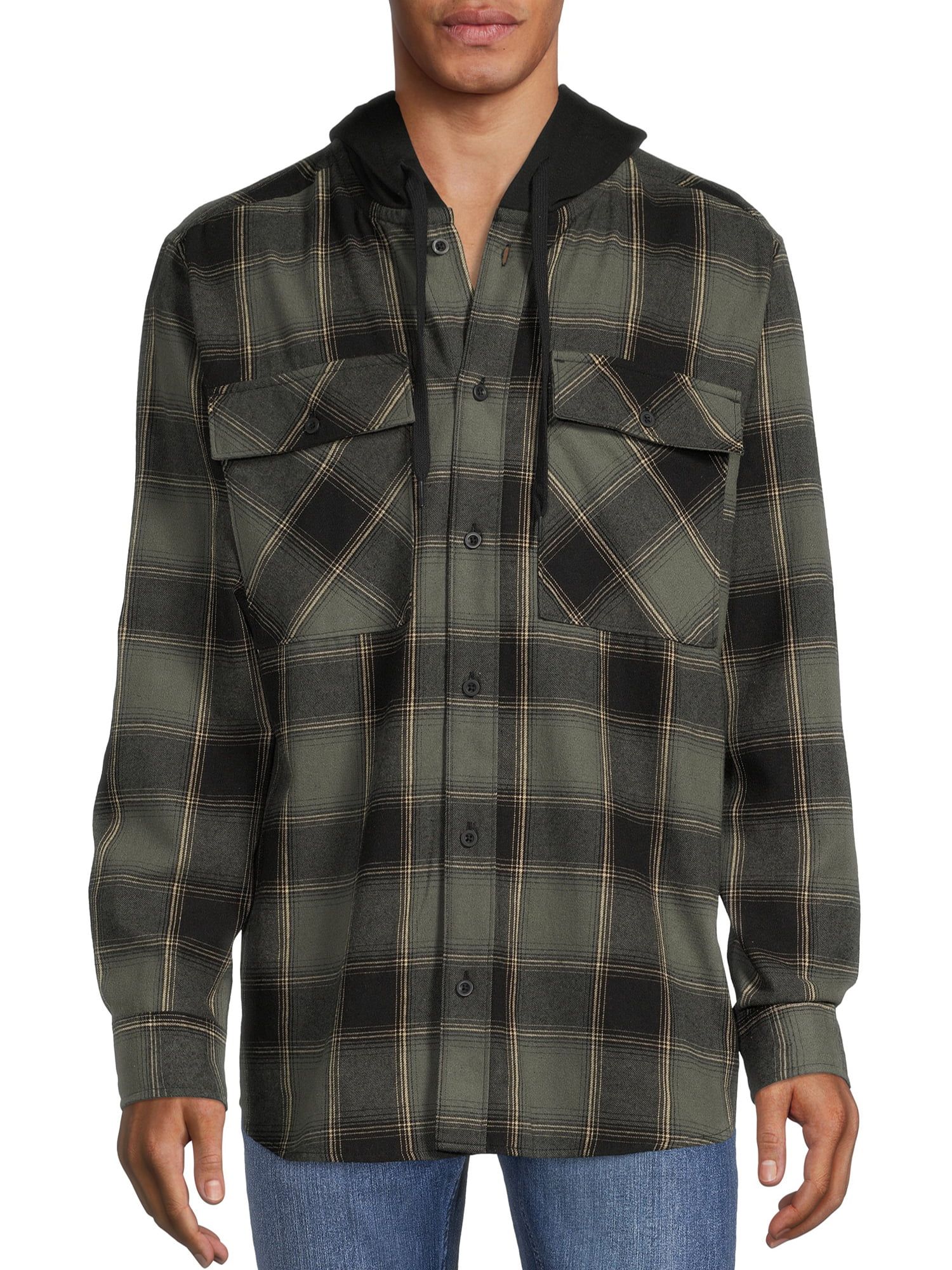 No Boundaries Men's and Big Men's Long Sleeve Hooded Flannel Shirt, Sizes up to 5X - Walmart.com | Walmart (US)