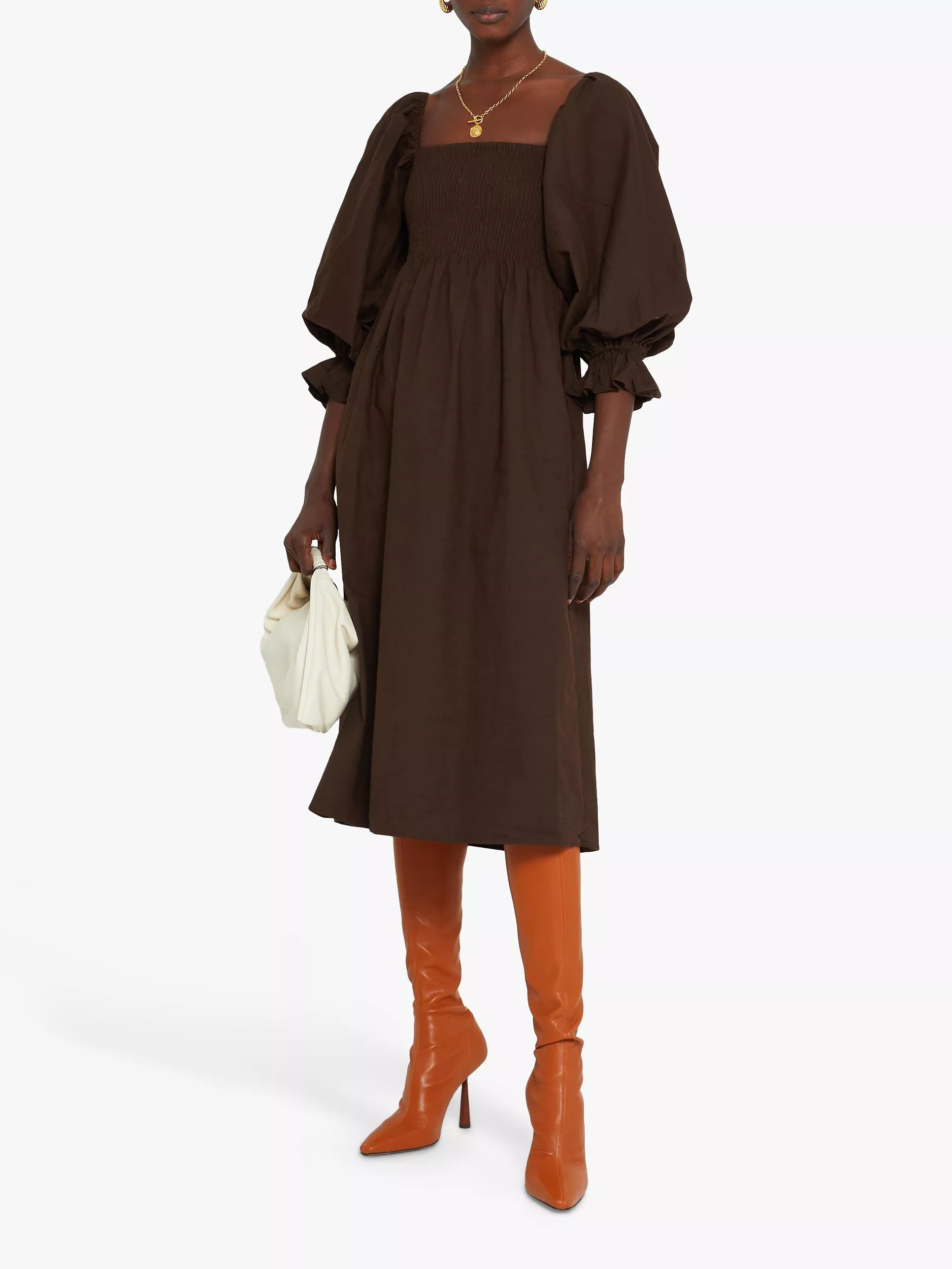 o.p.tAthena Puff Sleeve Midi Dress, Coffee | John Lewis (UK)