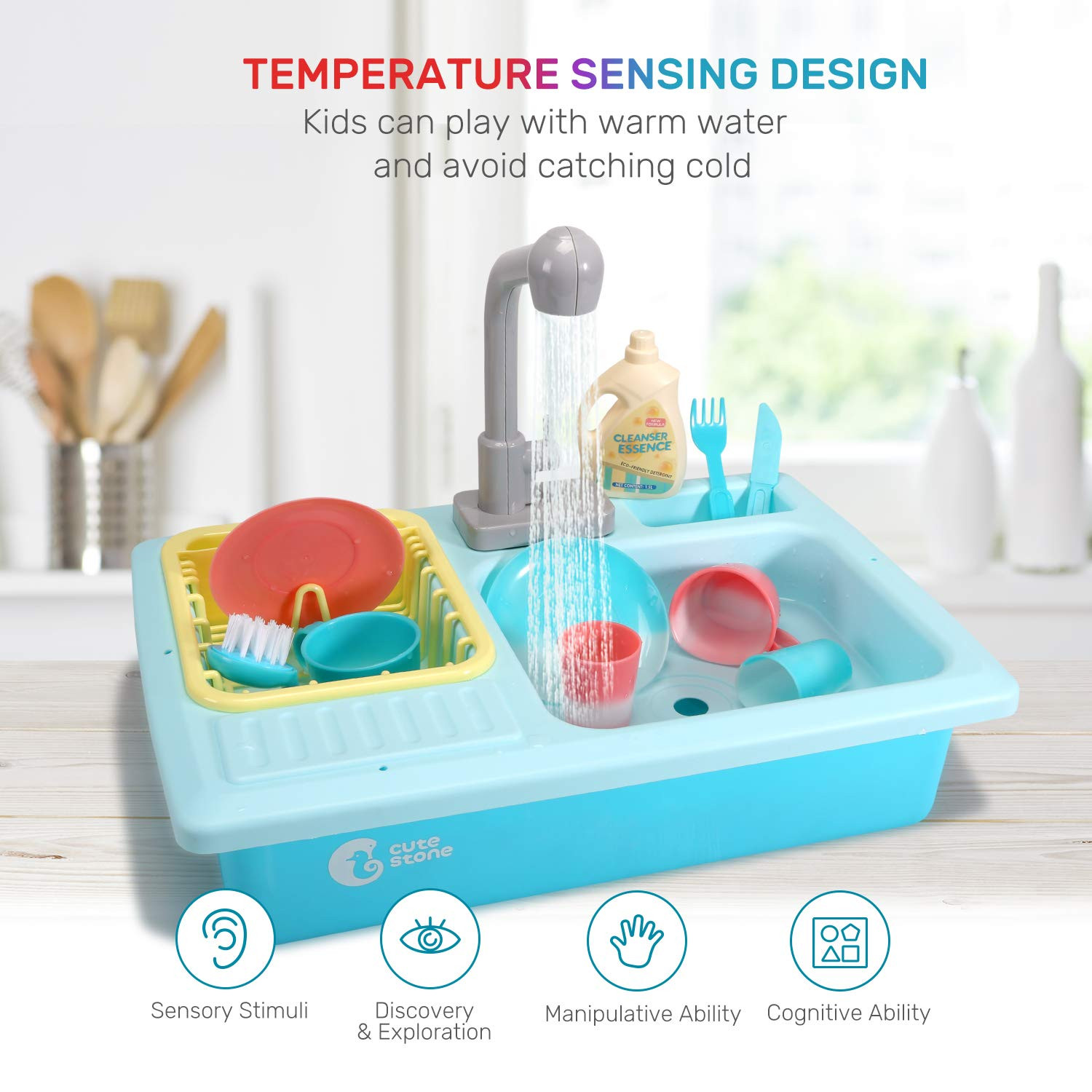 CUTE STONE Color Changing Kitchen Sink Toys, Children Electric Dishwasher Playing Toy with Runnin... | Amazon (US)