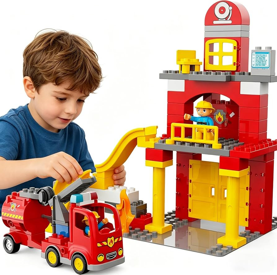 Fire Station Playset, Fire Trucks for Toddlers 3-5, Firefighter Gifts, Classic Big Building Block... | Amazon (US)