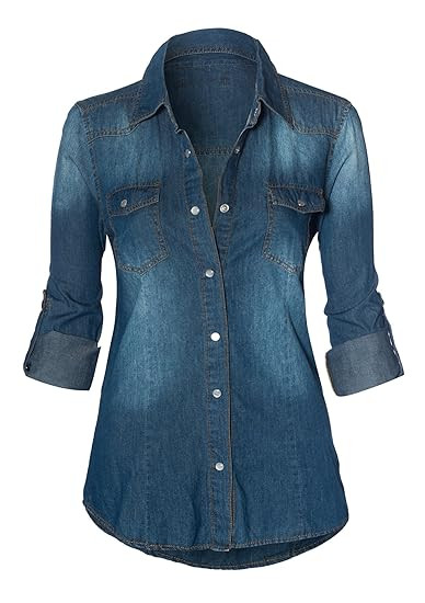 HOT FROM HOLLYWOOD Women's Button Down Roll up Sleeve Classic Denim Shirt Tops | Amazon (US)