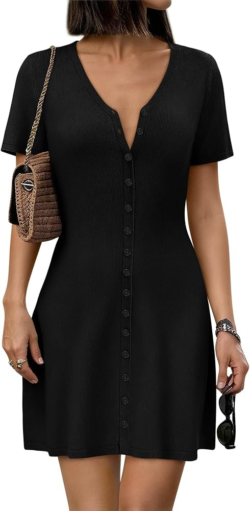COCCKO Womens Mini Dress Sexy Deep V Neck A-Line Front Button Up Short Sleeve Knit Summer Dresses... | Amazon (US)