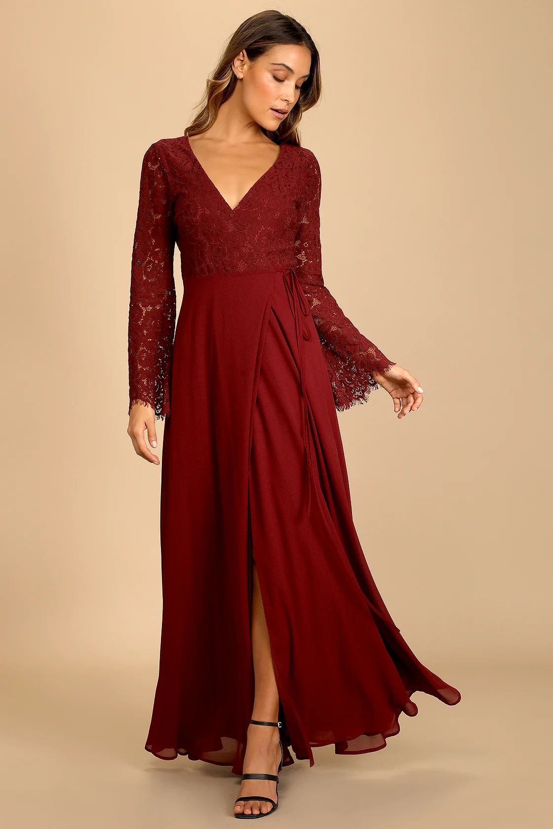 Utterly In Love Burgundy Lace Long Sleeve Wrap Dress | Lulus (US)