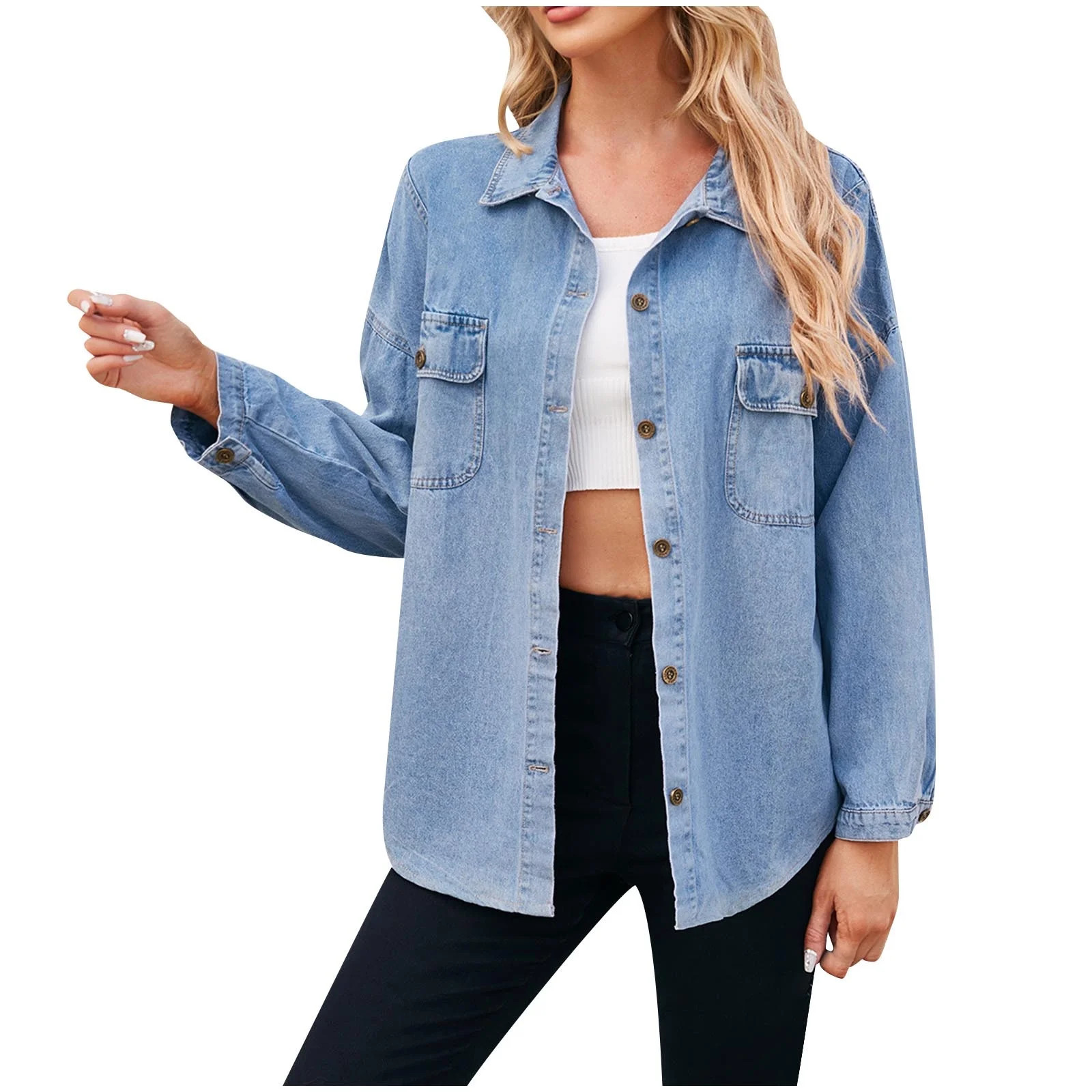 UYISJ Women's Denim Button down Shirt Long Sleeve Curvy Hem Oversized Jean Jacket Outerwear Casua... | Walmart (US)