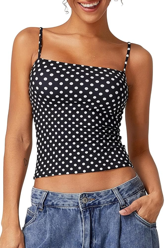 QINSEN Women's Double Lined Basic Tank Top Adjustable Spaghetti Straps Sleeveless Camisole Shirts | Amazon (US)