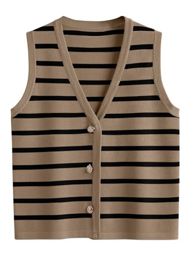 LILLUSORY Vest Tops for Women 2026 Spring Striped Sweaters Button Up Summer Business Casual Womens Blouses Jackets Fashion Clothes Sleeveless Tank tops KhakiBlack XS | Amazon (US)