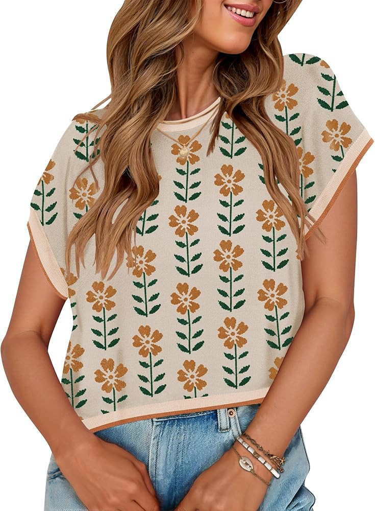 ZESICA Women's Spring Floral Sweater Vest Summer Short Sleeve Crewneck Cute Loose Knit Tops 2026 ... | Amazon (US)