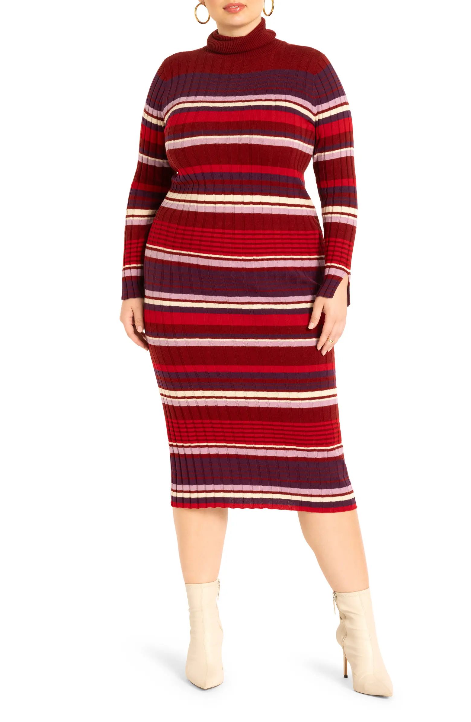 ELOQUII Stripe Turtleneck Long Sleeve Rib Maxi Dress | Nordstrom | Nordstrom